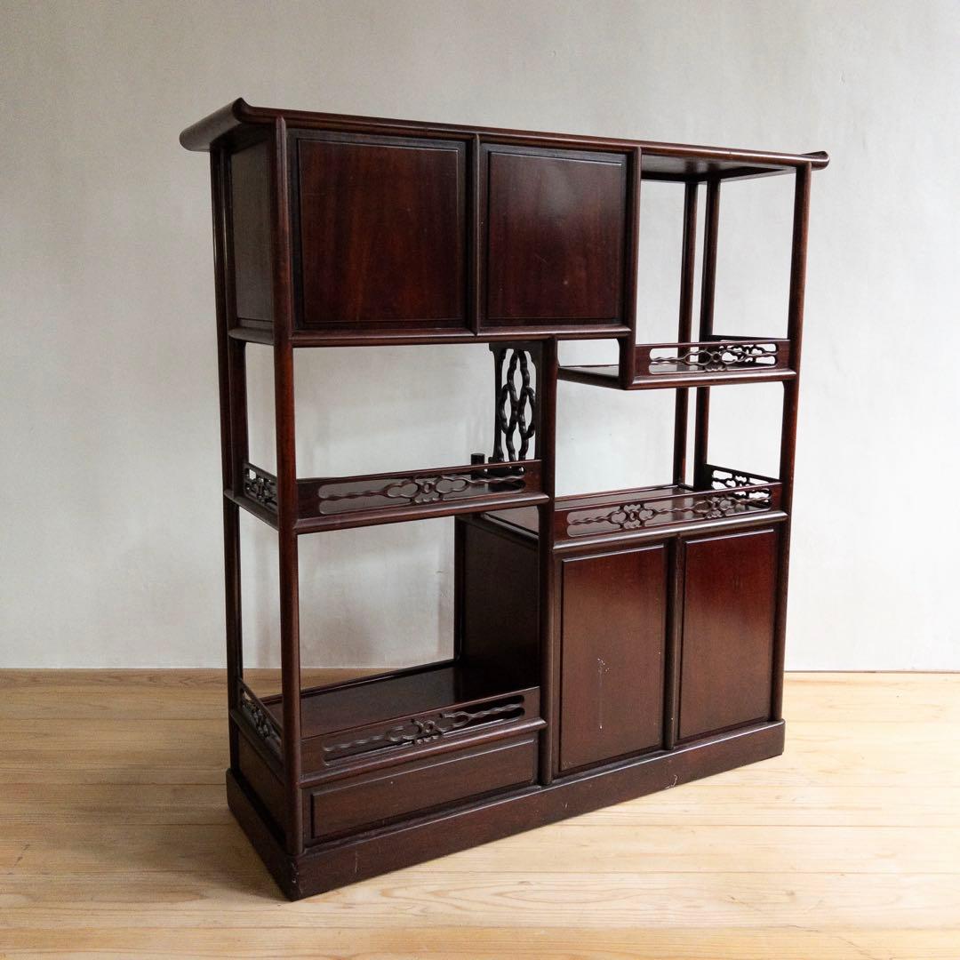 茶箪笥 天然木 茶棚 和風 和室家具 唐草透彫 高級家具 透かし彫り