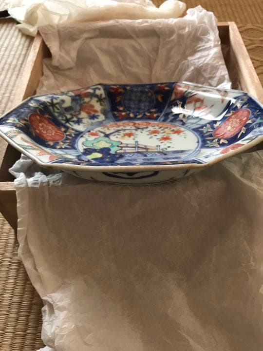 限界お値下げ/里帰り逸品/百貨店美術画廊【富貴長春】染付八角皿/古伊万里金襴手
