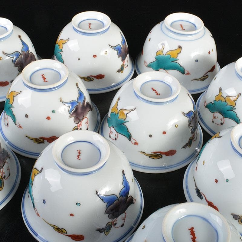 九谷焼 堀江青光造 色絵唐子文 波出茶碗 数茶碗 10客 共箱