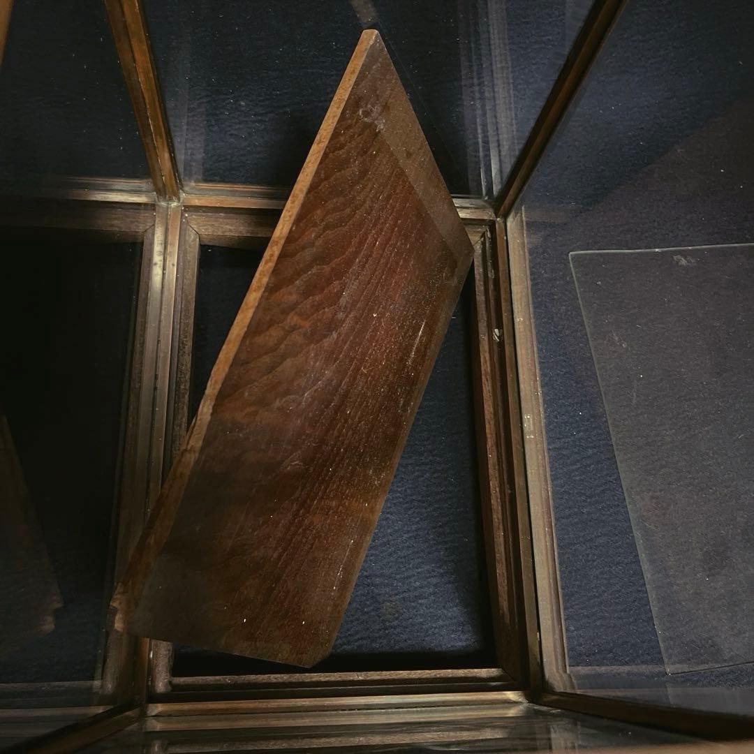 アンティーク 希少 ガラスケース 銅枠 面取り 5面 足 木製 総重量5.2㎏