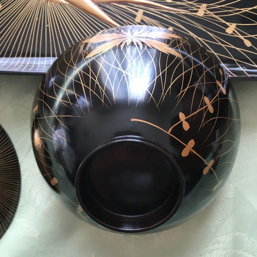 逸品! 極上春の七草蒔絵の四方脚付膳 蓋付碗 各2客