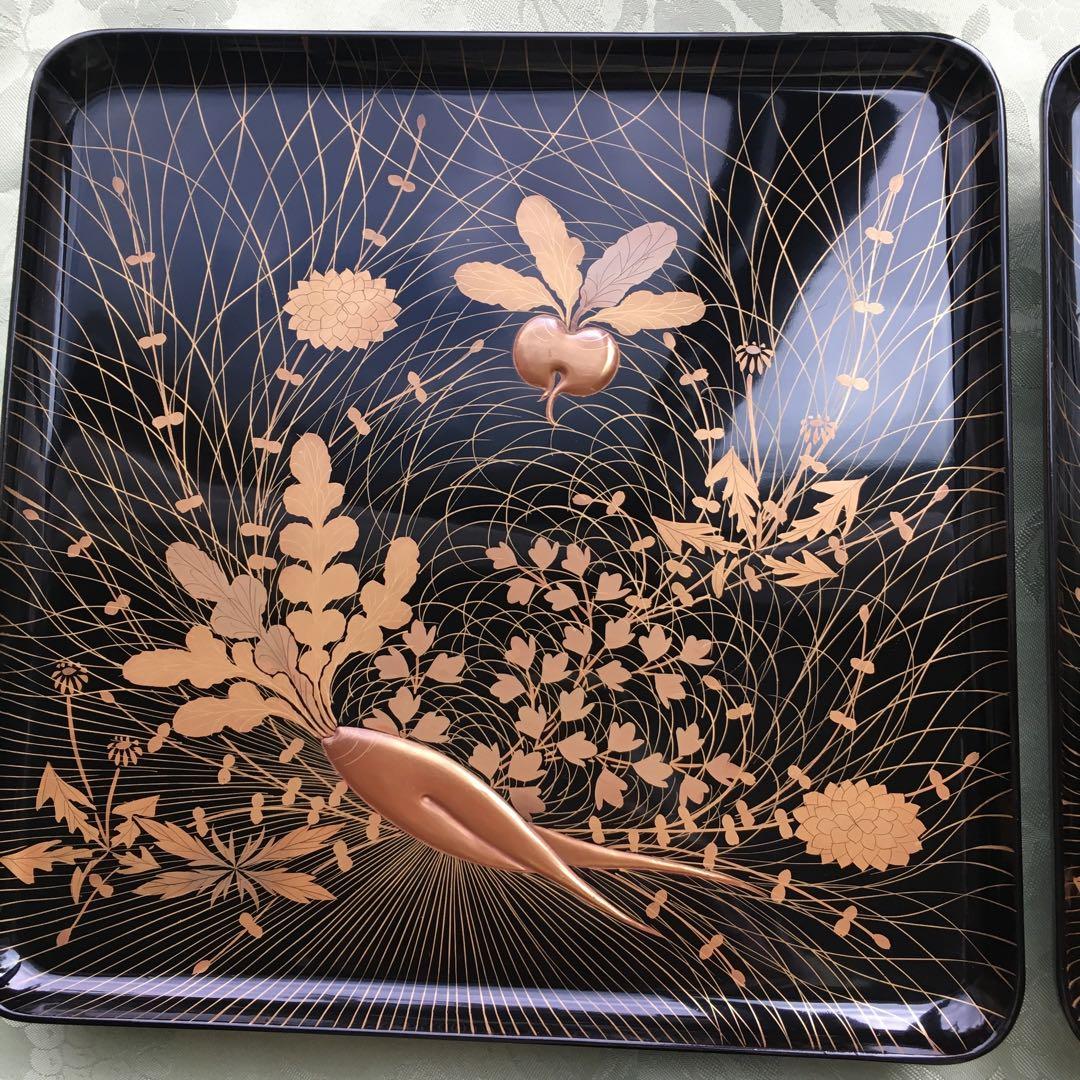 逸品! 極上春の七草蒔絵の四方脚付膳 蓋付碗 各2客