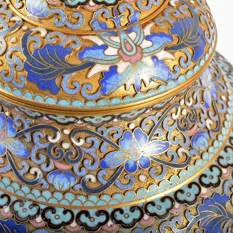 中国 古七宝琺瑯彩 花文 獅子摘蓋物 唐木台付 M R5652 美術品