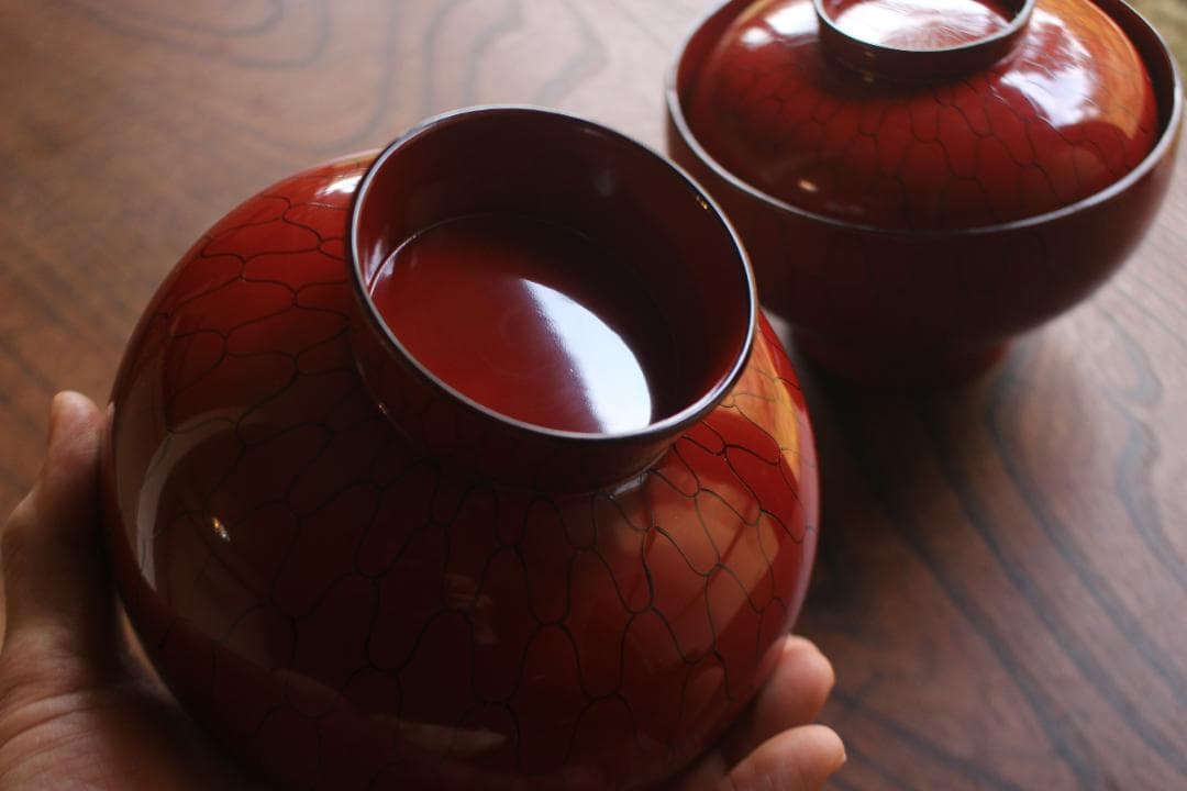 デッドストック！極上朱漆に風情ある網目文の美しい大椀2点（検