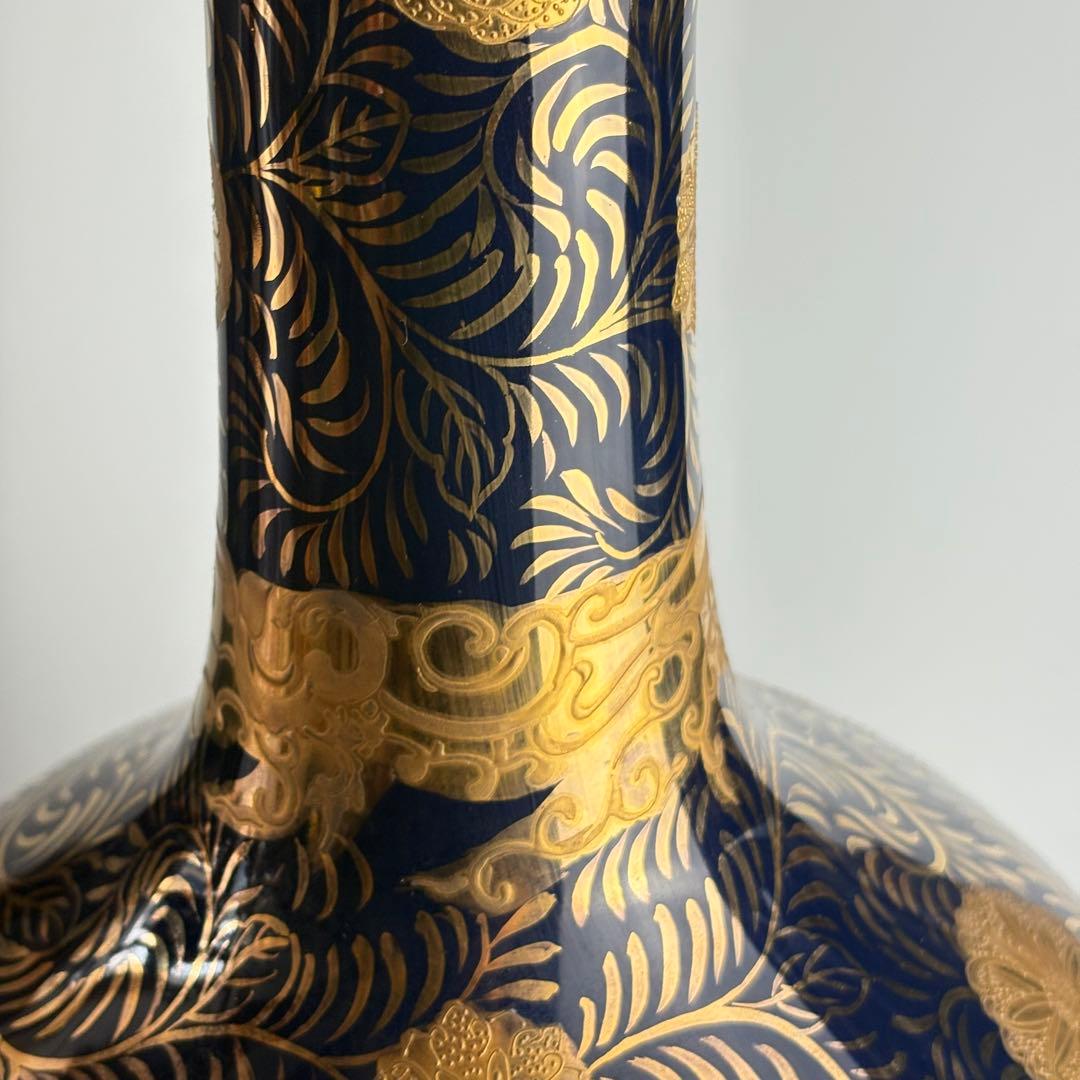 栄盛窯 瀧山作 薩摩焼 金襴手 花鳥図 鶴首花瓶 高さ約65cm