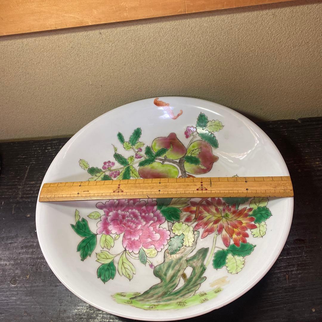 中国美術　古玩　粉彩草花文大皿