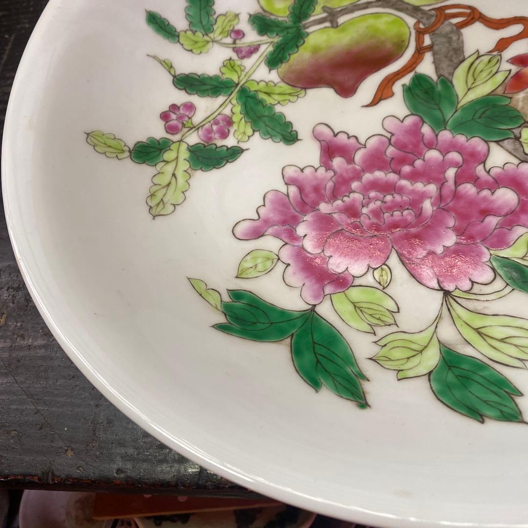 中国美術　古玩　粉彩草花文大皿