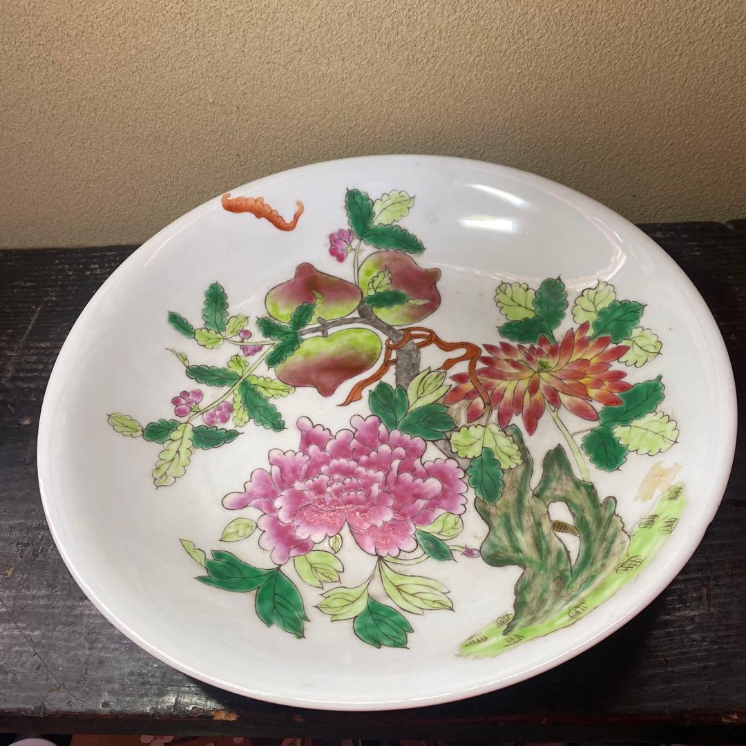 中国美術　古玩　粉彩草花文大皿