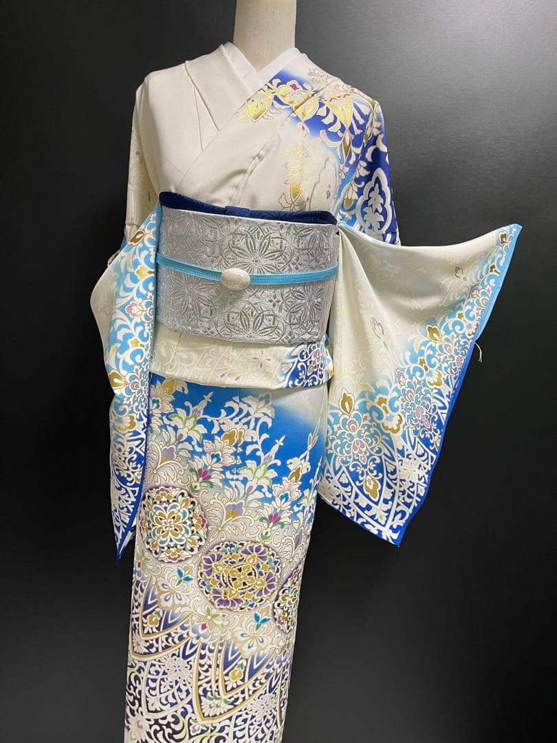 特選金彩友禅袋帯【故・和田光正◇装飾華文様 】 銀 シルバー 青 ブルー