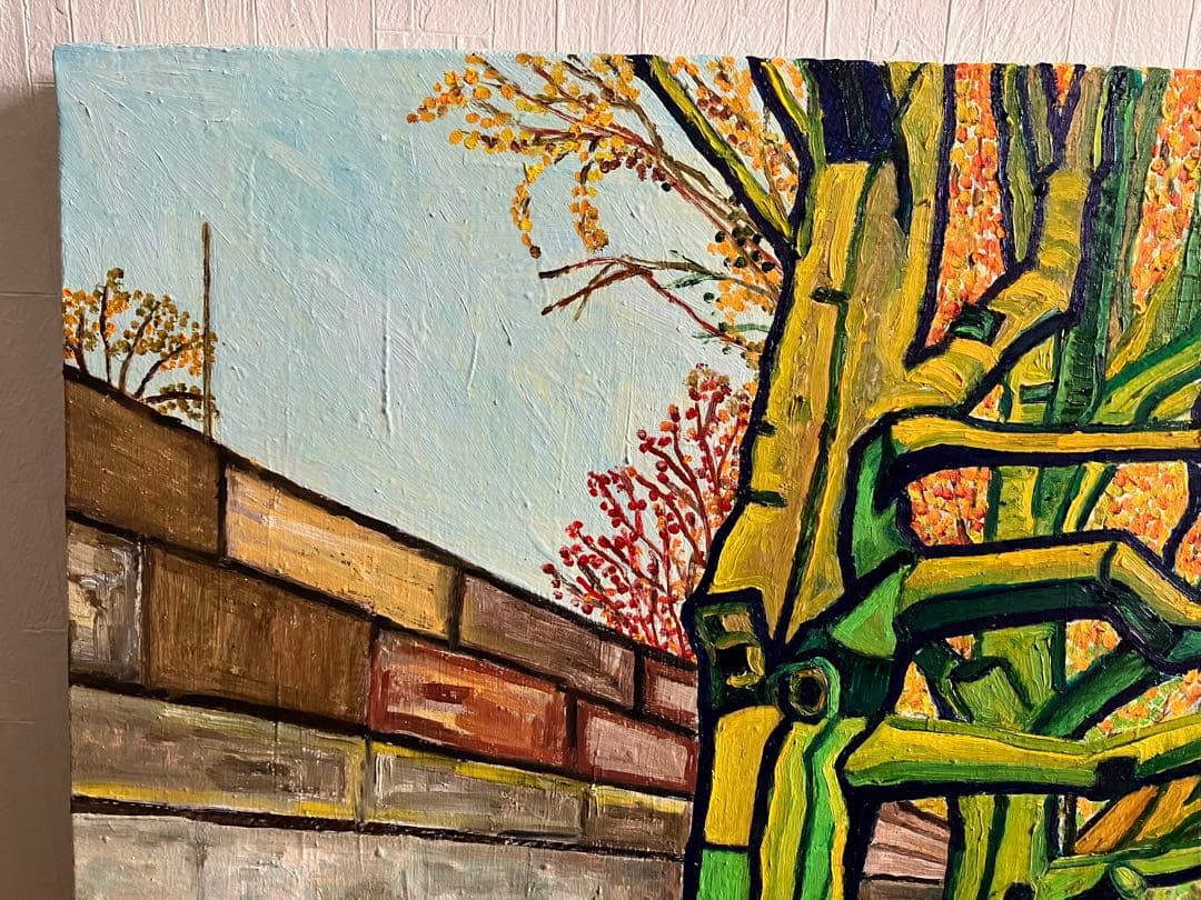 絵画 油絵 風景画 川沿いの並木道 F12