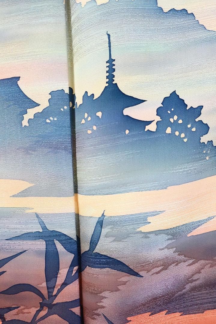 訪問着 ブルーグレー オレンジ系 夕暮れの京風景 身丈163.0cm 正絹