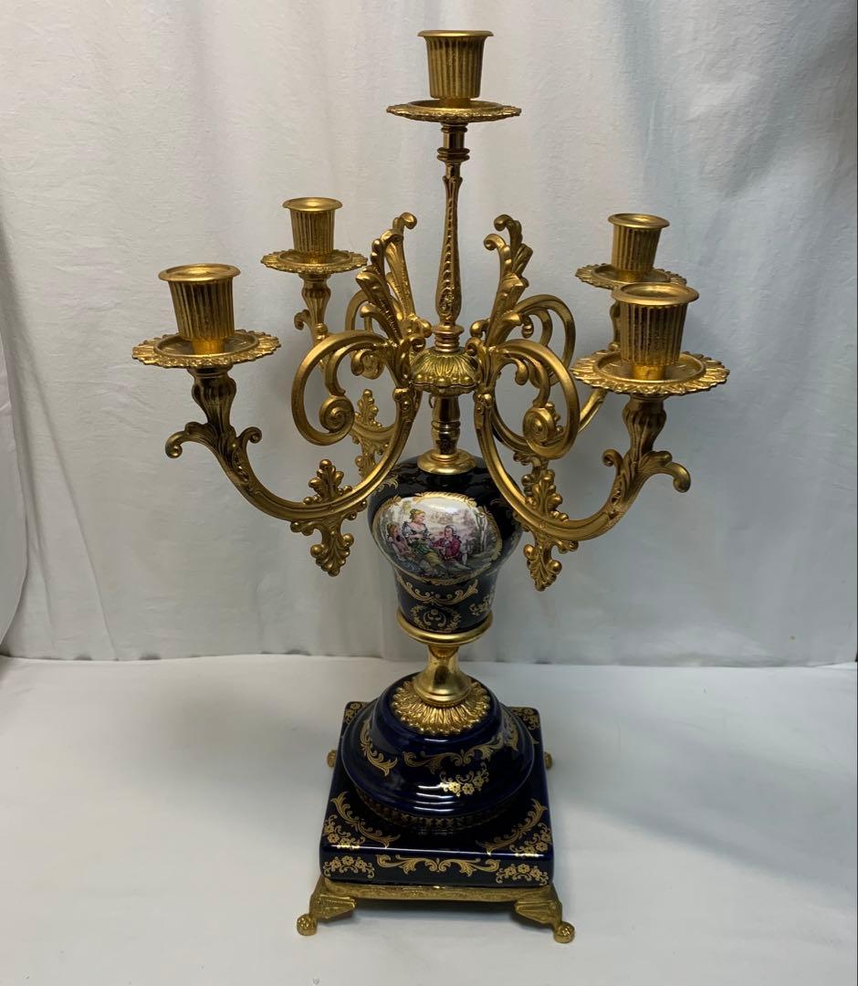 ヴィンテージ伊製コバルトブルー磁器5灯キャンドルスタンドロマンティック調美品豪華 ヴィンテージ伊製コバルトブルー磁器5灯キャンドルスタンド