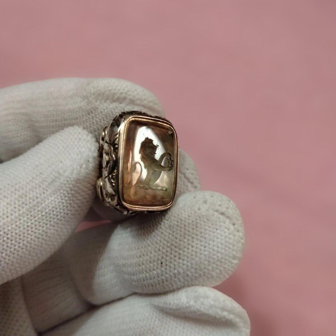 週末特価　イギリス　インタリオ　シール シトリン　金張り　ライオン紋章