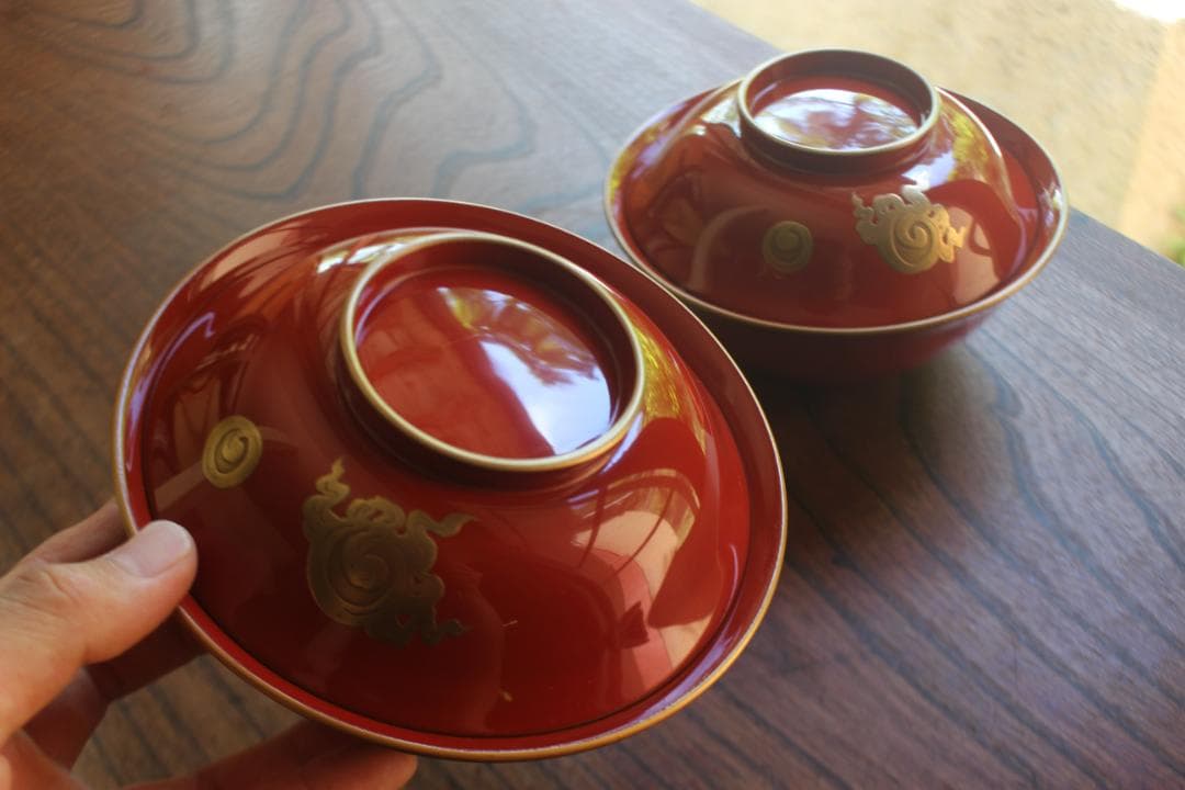 デッドストック！上質金縁朱漆に極上宝珠龍蒔絵の映えるお椀2点（検輪島塗京塗懐石椀