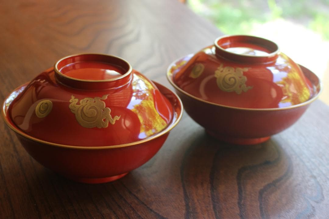 デッドストック！上質金縁朱漆に極上宝珠龍蒔絵の映えるお椀2点（検輪島塗京塗懐石椀