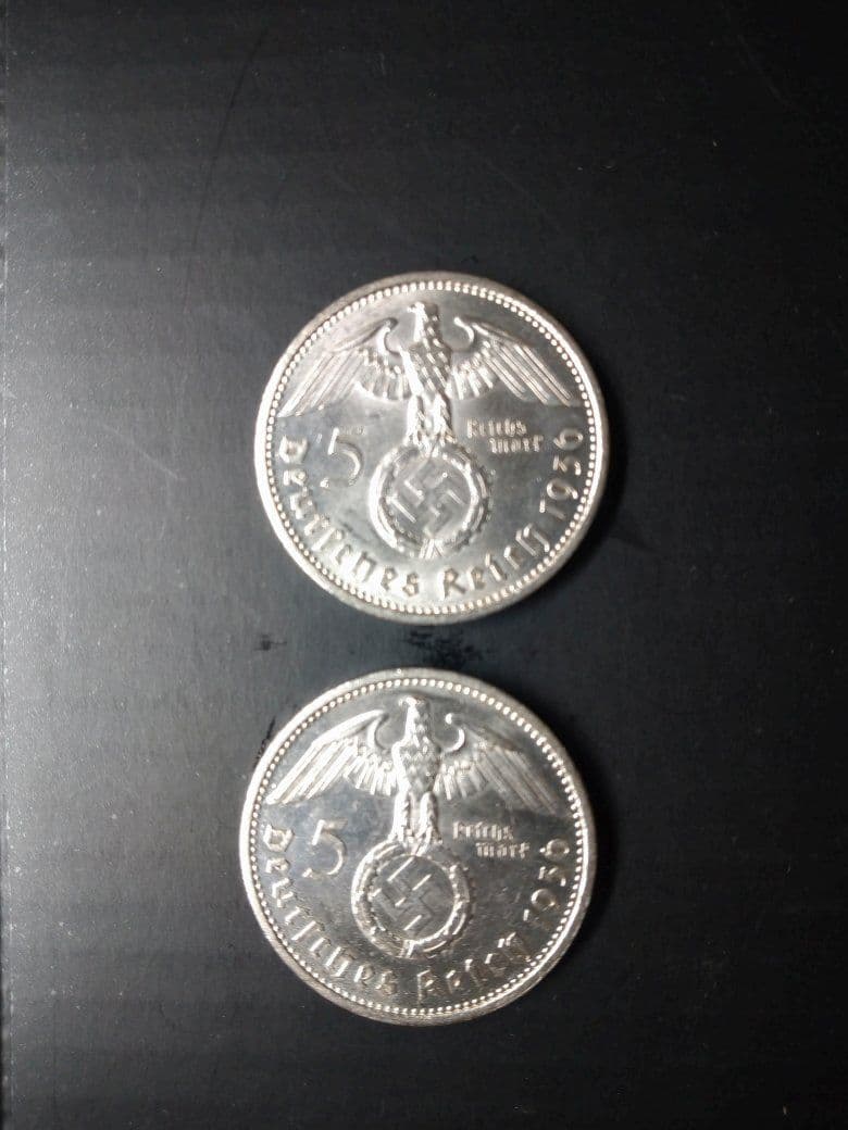ドイツ5ライヒスマルク硬貨 銀貨／シルバー1936年2枚セット 極美品』ドイツシラー生誕175周年記念5ライヒスマルク銀貨(1934年)F