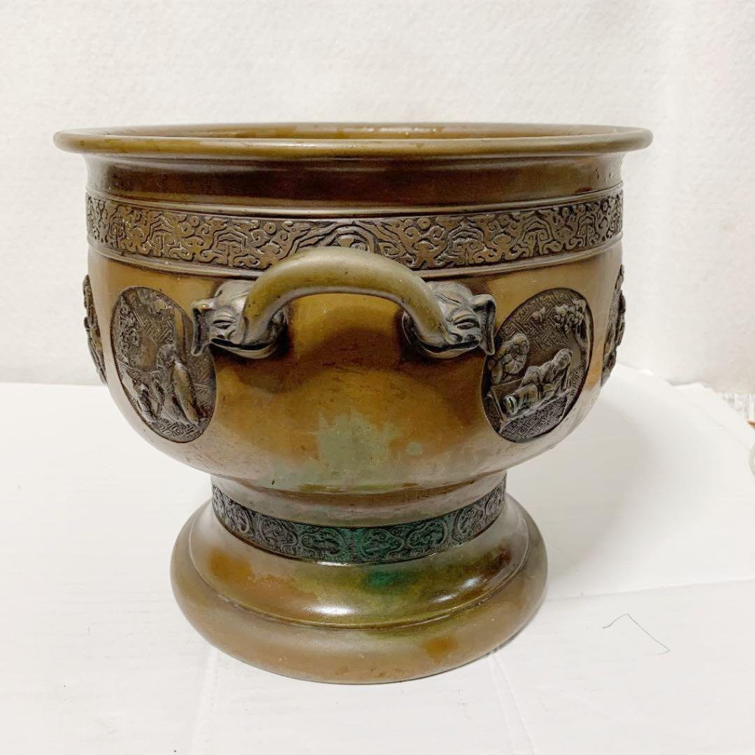 昌龍銘入り 茶道具 獣耳 銅製火鉢、真鍮アンティーク彫刻火鉢、貴重火鉢 54