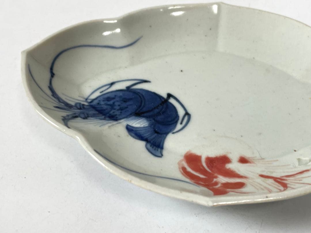 骨董　アンティーク　色絵古九谷　古伊万里　染付　赤絵　海老文様　変形皿　木瓜皿