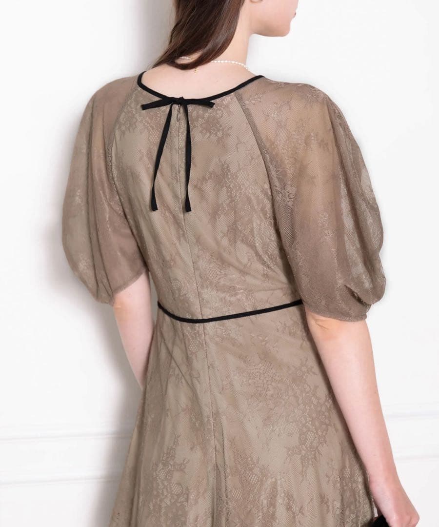 【LEJA】パフスリーブウエストリボン総レースロングドレス