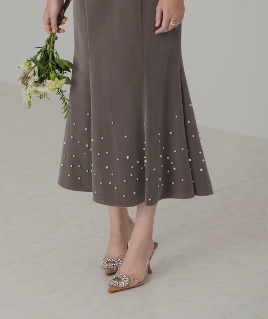 Leja シアースリーブパールビジューベロアマーメイドドレスワンピース グレー