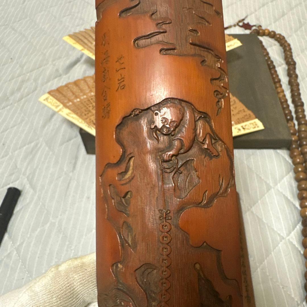 中国 日本時代物白檀念珠紫檀香筒竹彫 詩文 人物 山水 茶道具