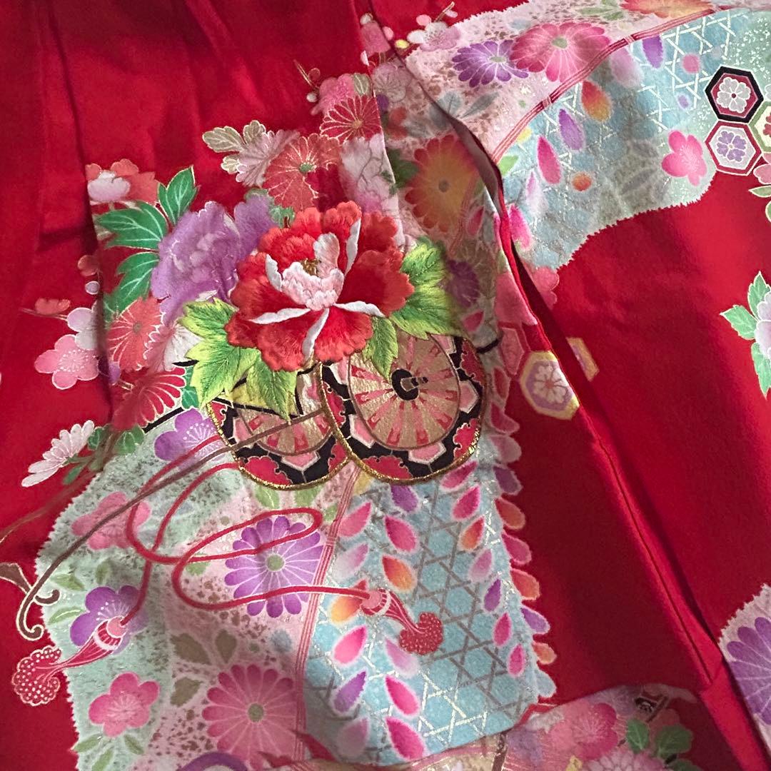 七五三 3歳 絞り 被布 着物 絹 三歳 赤 草履 753 女の子 子供着物 白