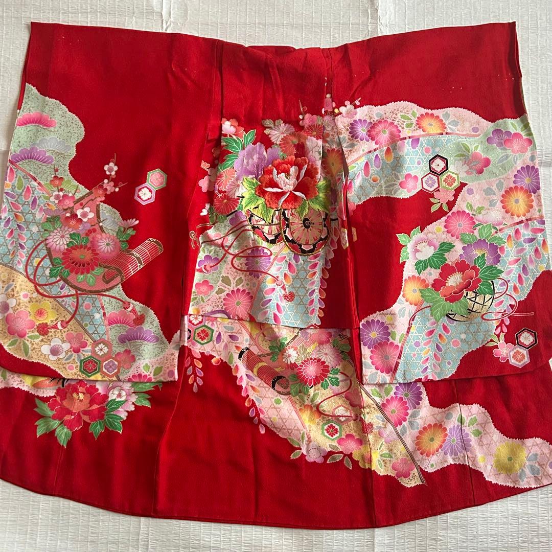 七五三 3歳 絞り 被布 着物 絹 三歳 赤 草履 753 女の子 子供着物 白