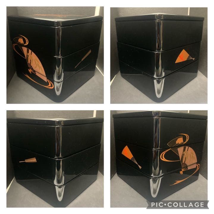 天然木 うるし塗り 漆塗 三段重箱 扇面蒔絵 三段 重箱