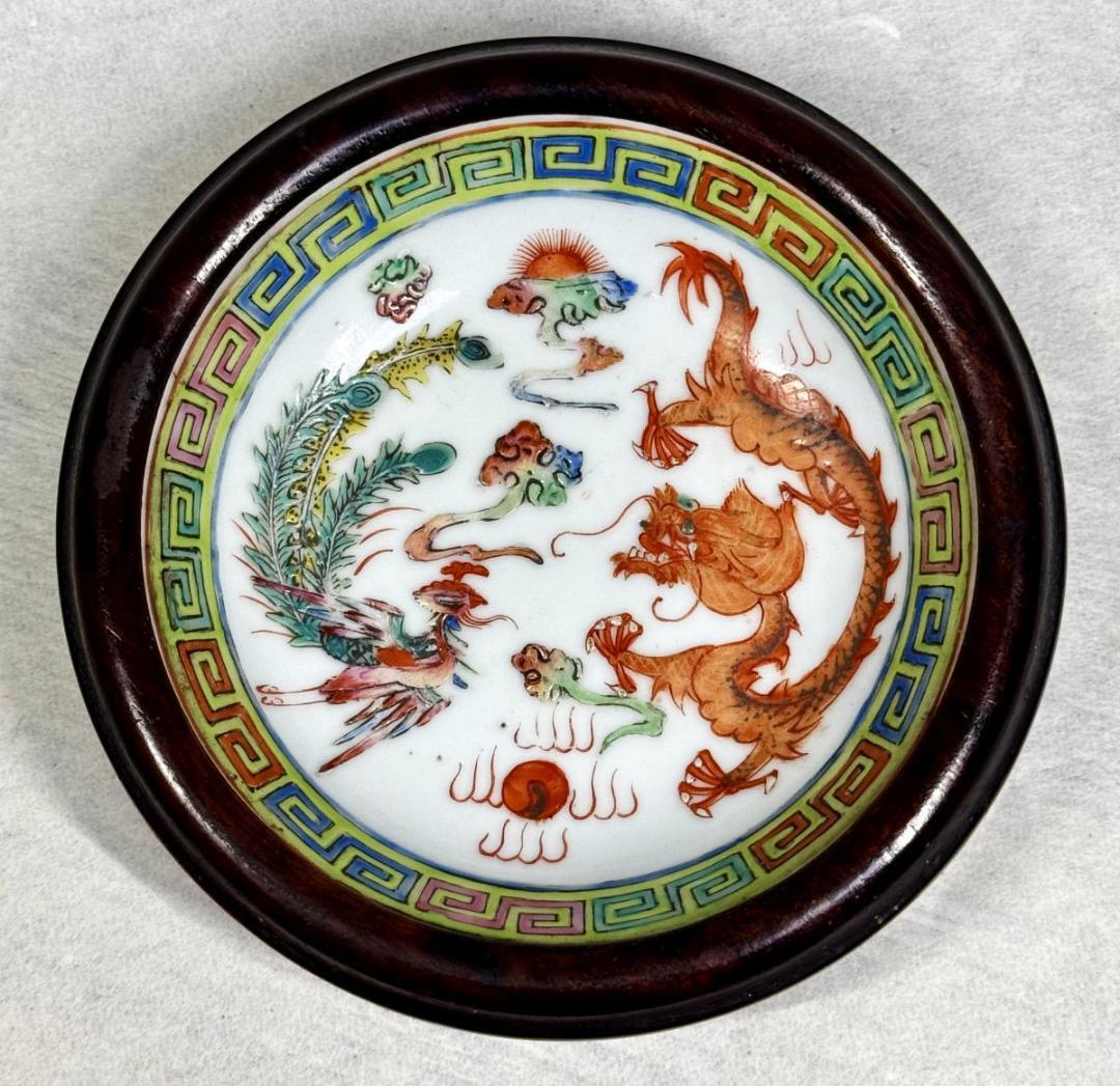 清時代 五彩龍鳳凰文皿 灰皿 乾隆年製? 紫檀唐木喫煙具セット