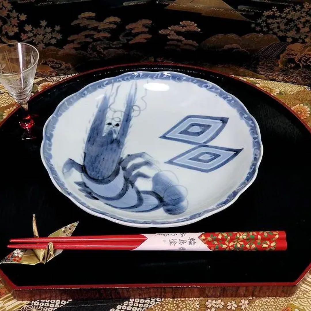 古伊万里 染付 海老に三枡紋の図 市川海老蔵 7寸皿