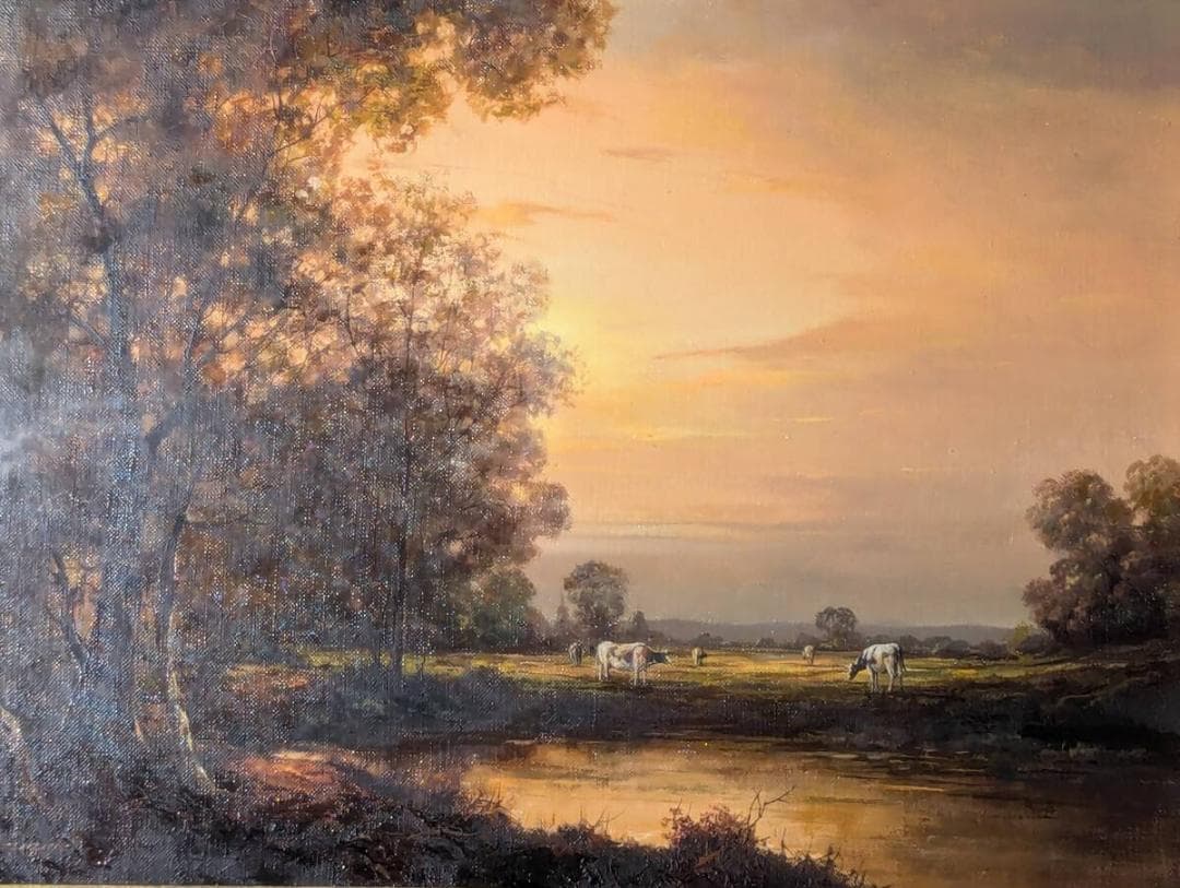 真作】絵画鈴木政輝油彩8号静かな水辺運輸大臣賞箱・黄袋入T156