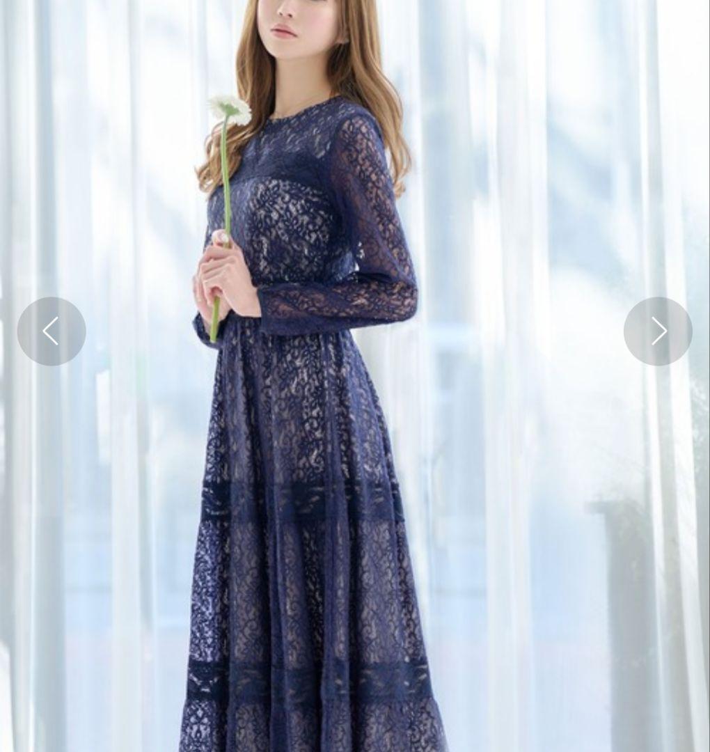 新品✩エミリアウィズ✩レース切り替えロングワンピース✩マキシ丈✩ネイビーＳ