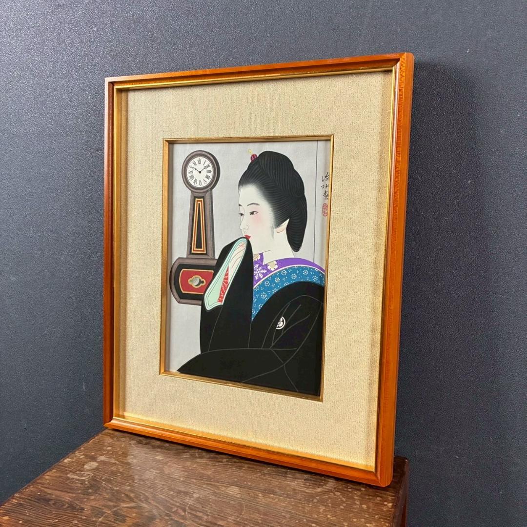 美品 伊東深水「夜会巻」木版画 美人画 額縁入り 日本画家 浮世絵師