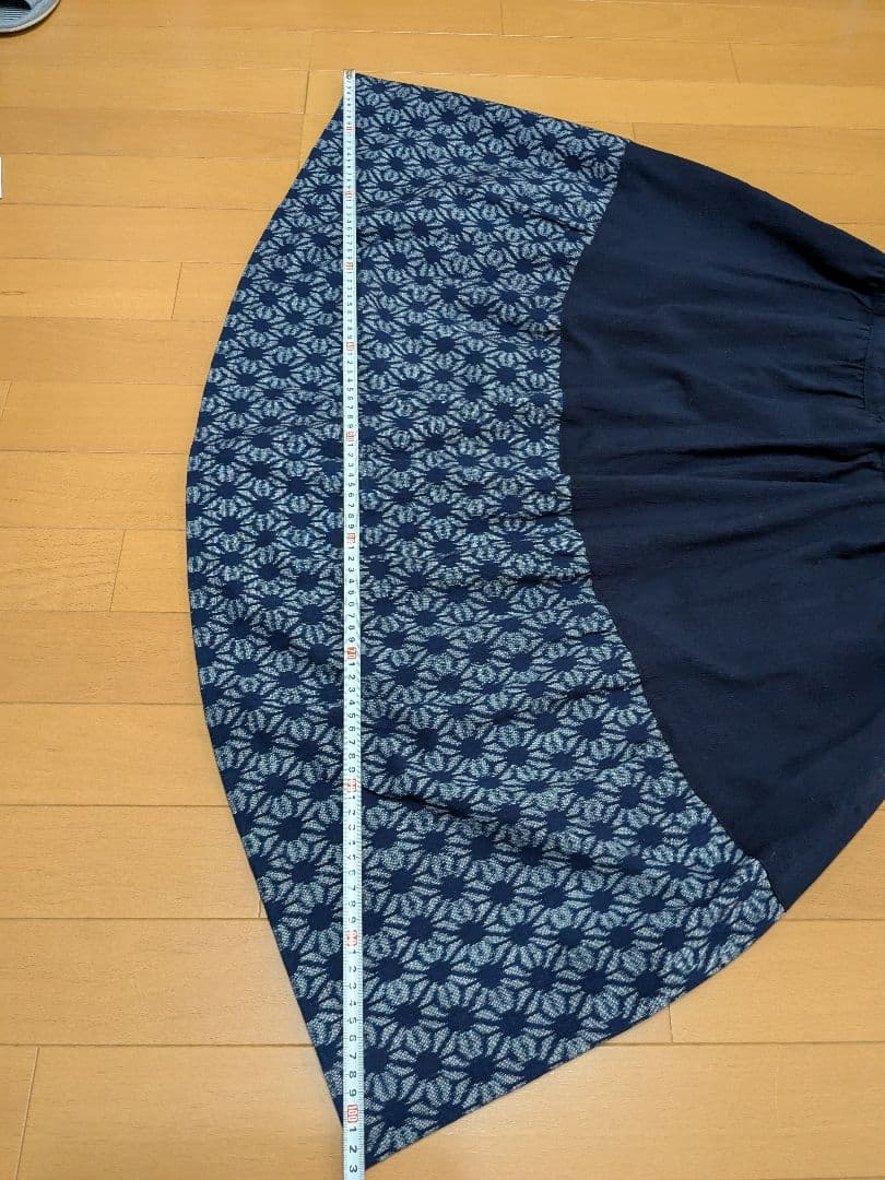 久留米絣　手織り　ネイビー フレアスカート 切り替え　藍暦　AIGOYOMI