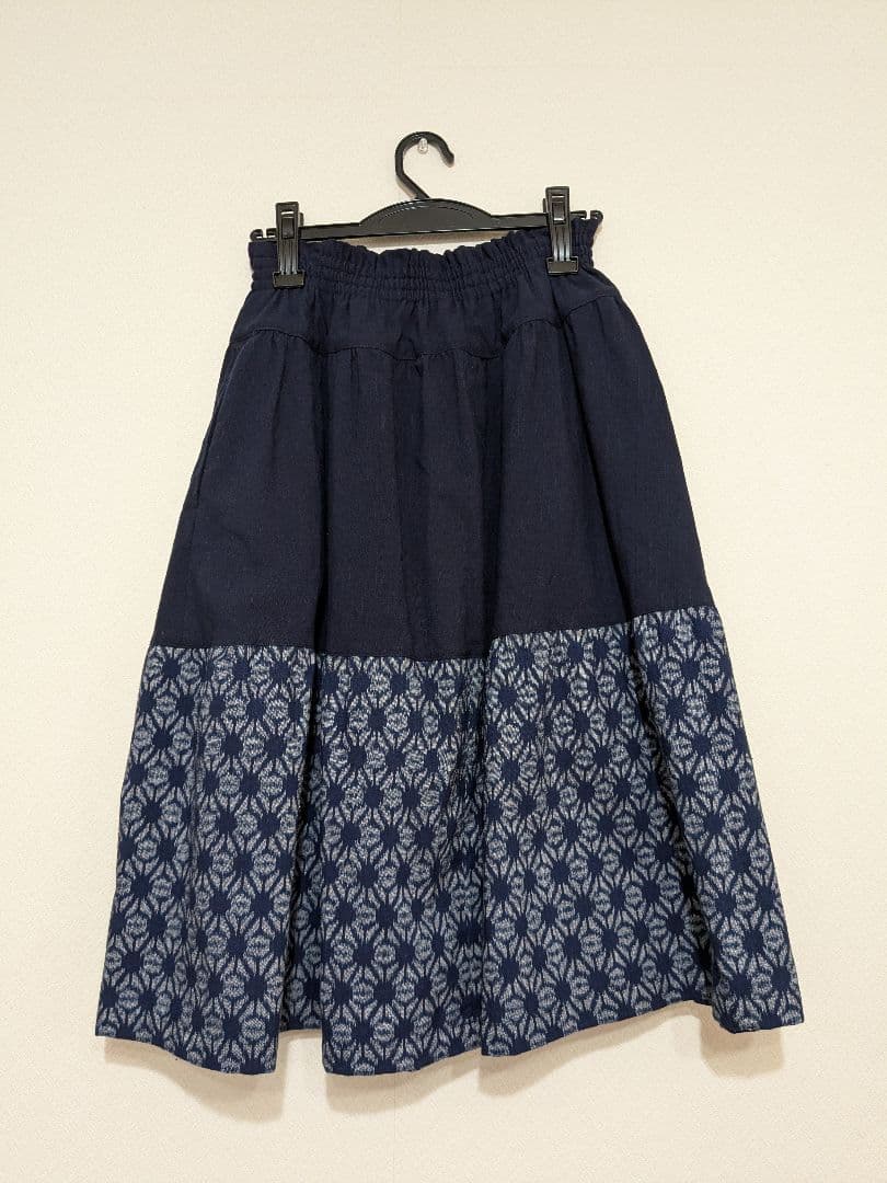 久留米絣　手織り　ネイビー フレアスカート 切り替え　藍暦　AIGOYOMI