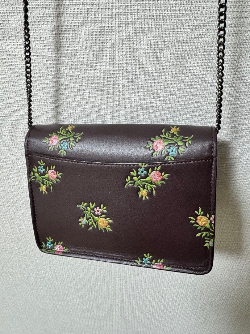 コーチ　2way花柄刺繍 ダークブラウン パーティーバッグ