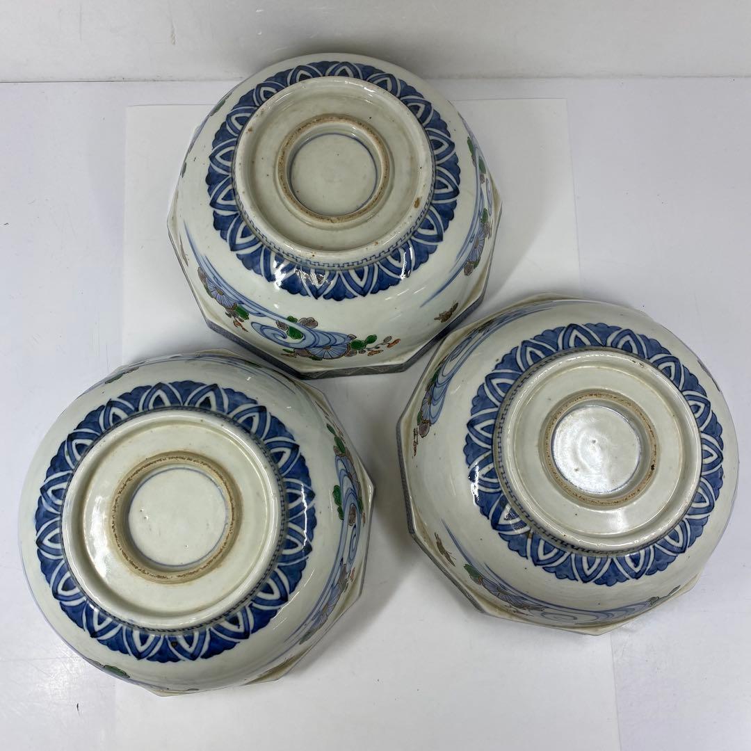 古伊万里 染錦 面取 鉢3点 麒麟図 タサコサ 東さ7-1124③