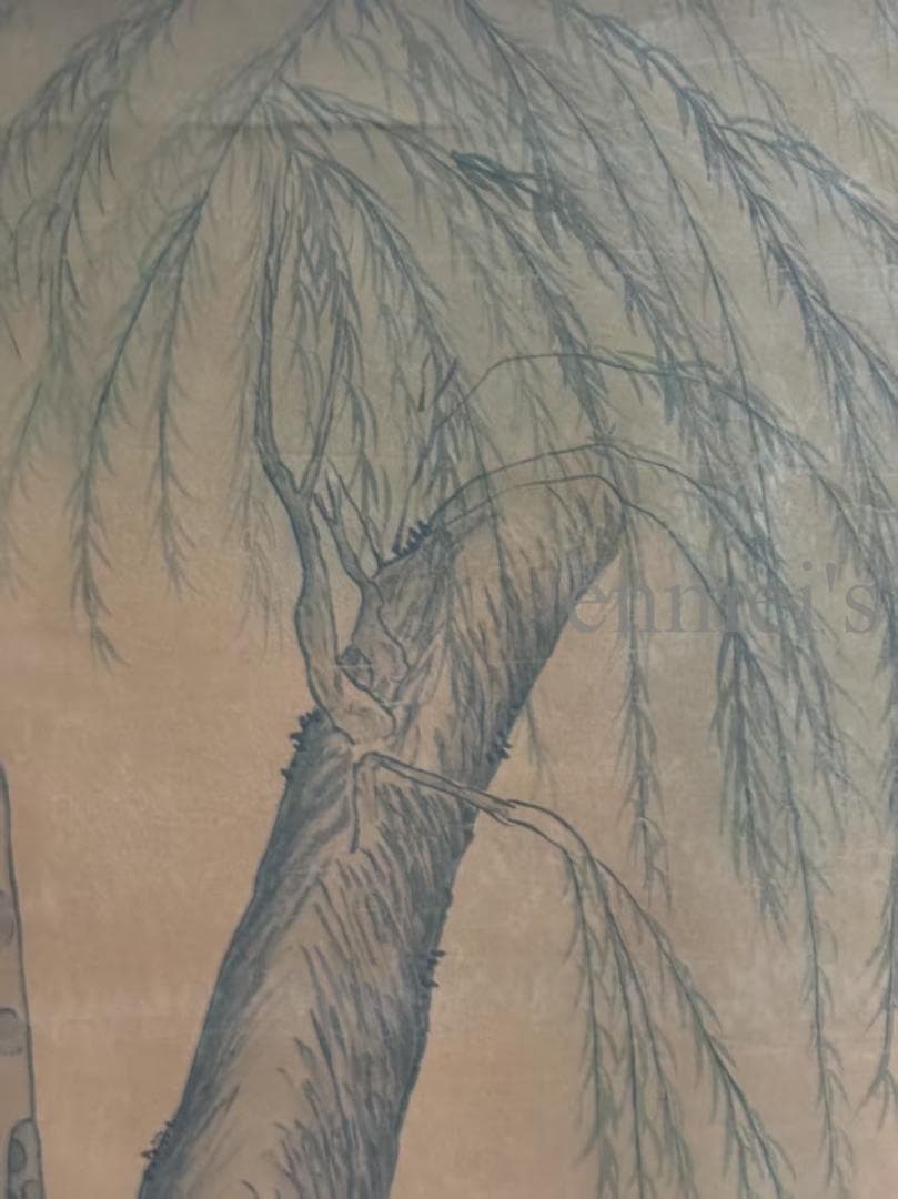 中国古美術・純手描き柳陰対弈図・六尺掛軸・水彩画・唐寅印