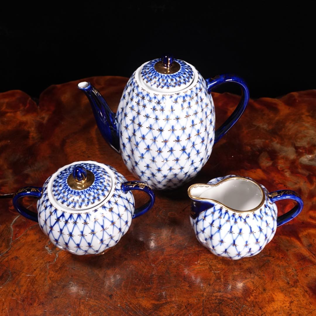 ロモノーソフ LOMONOSOV ソ連時代 コバルトネット トリオ ポットセット