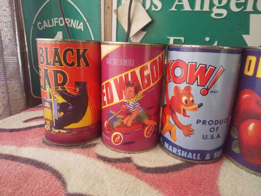 レトロ、アンティーク風 缶詰型の貯金箱7つセット スチール缶