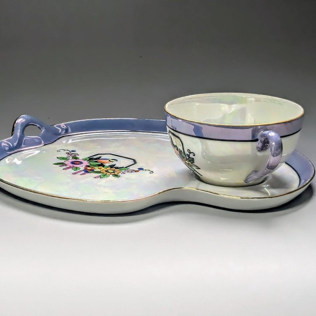 オールドノリタケ アールデコ期 虹ラスター彩 南国鳥と花絵柄の スナックセット