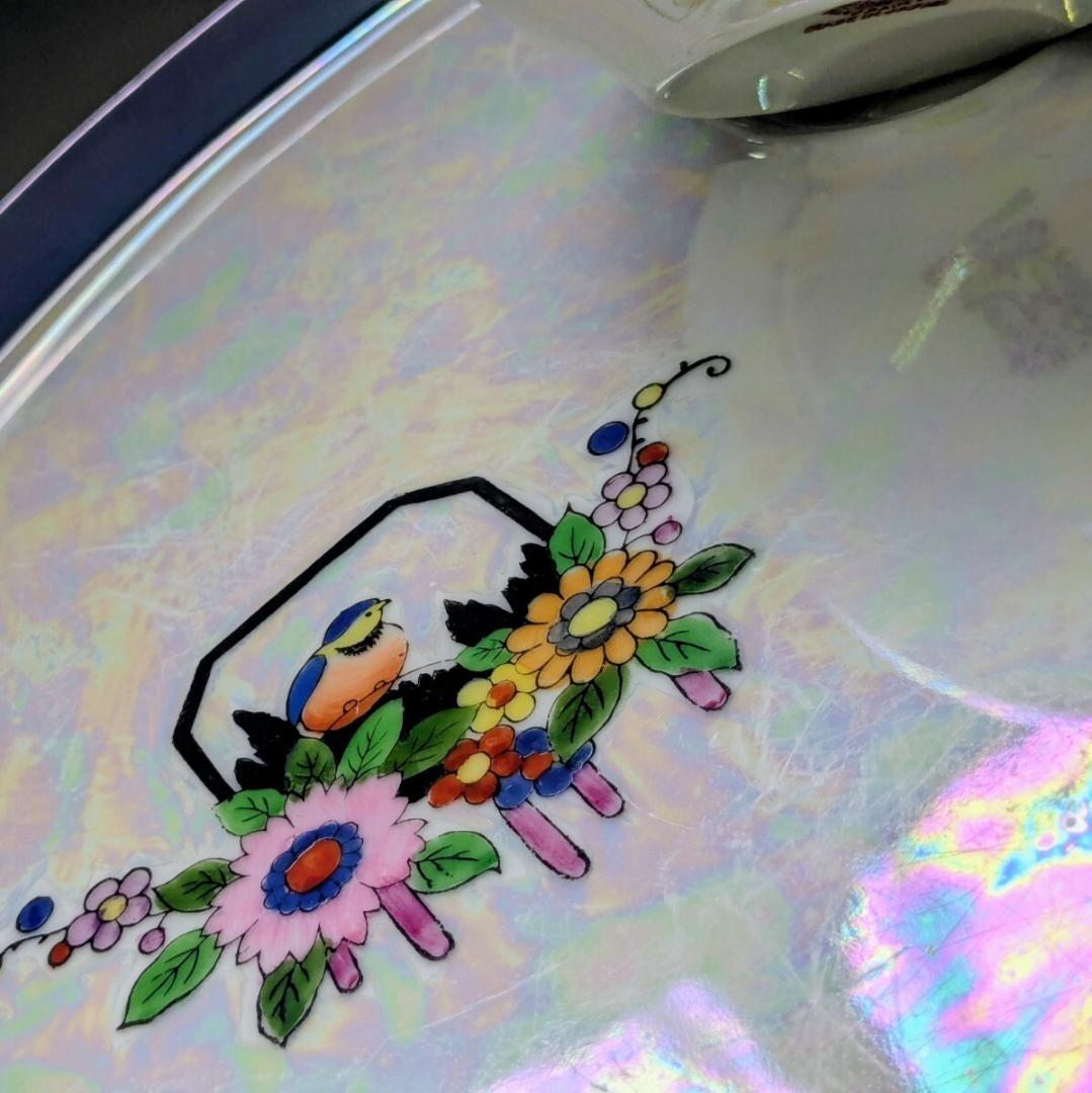 オールドノリタケ アールデコ期 虹ラスター彩 南国鳥と花絵柄の スナックセット