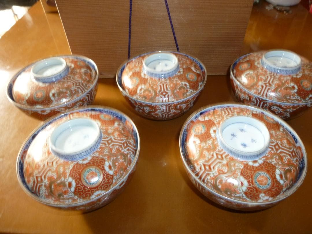 骨董 大明成化年製 古伊万里 錦蓋碗 5客セット 木箱付き