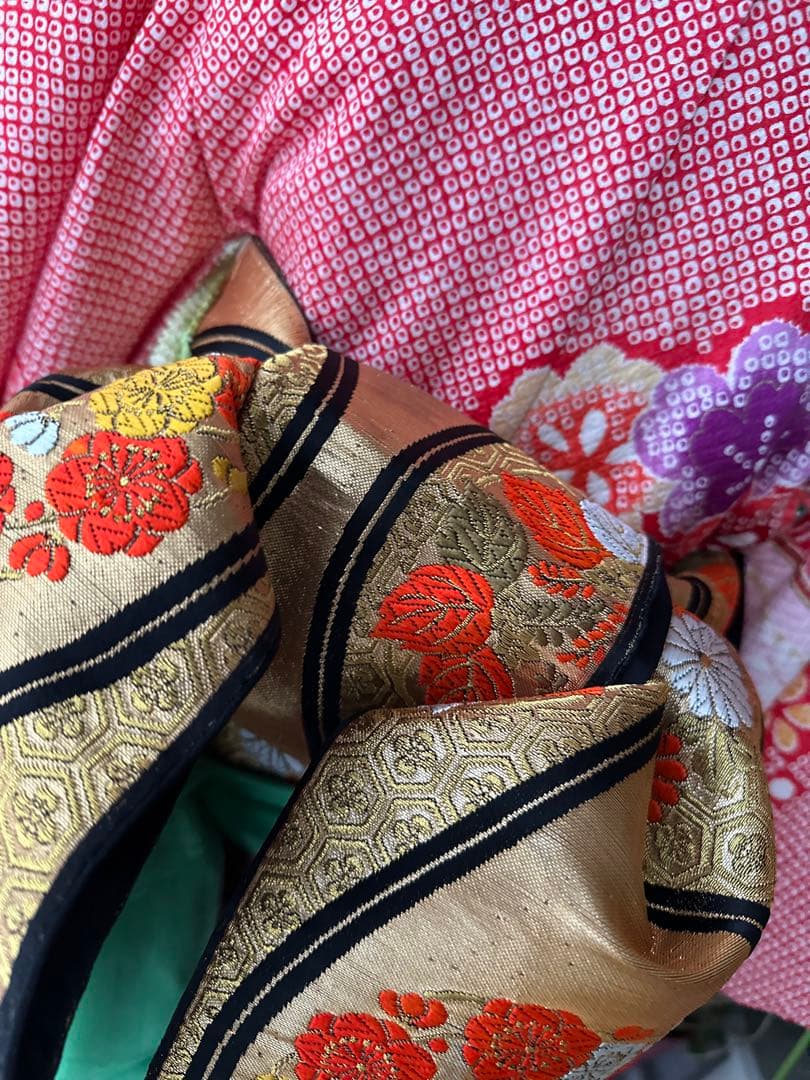 7歳七五三フルセット 赤×白×紫 絞り風花柄着物と立涌模様の帯