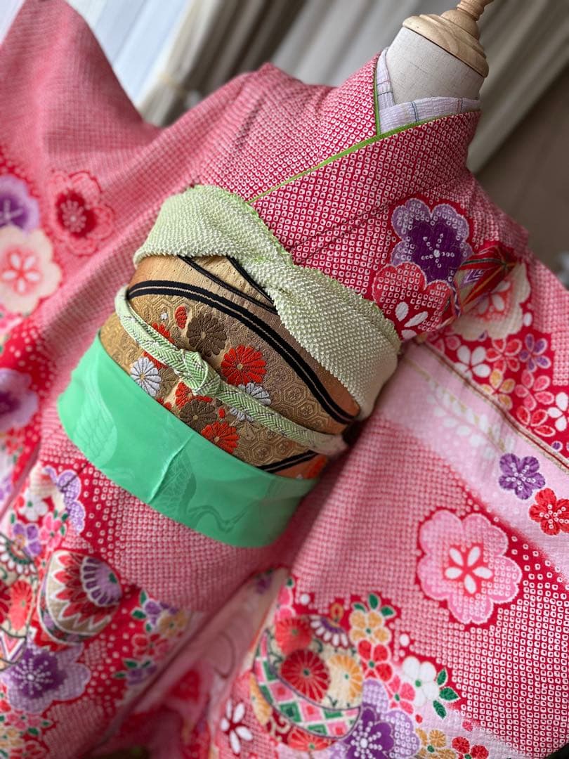 7歳七五三フルセット 赤×白×紫 絞り風花柄着物と立涌模様の帯