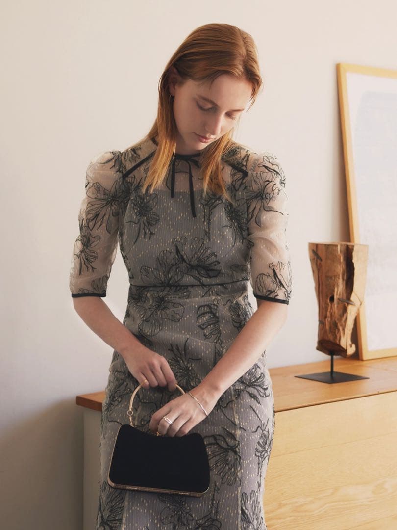 花柄リボンパフスリーブマーメイドワンピースドレス結婚式パーティー二次会成人式