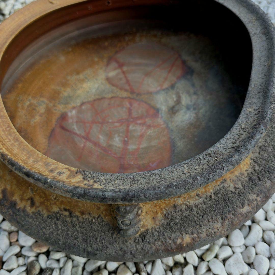 備前焼 藤原陶臣作 三点猫足/三つ足付 水盤 花器 花生 美術品