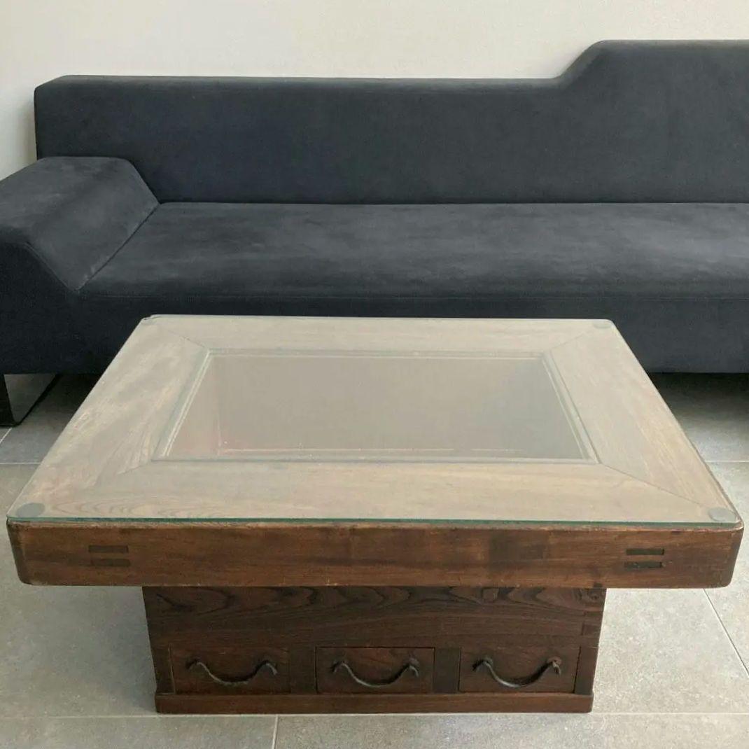 囲炉裏テーブル 時代家具 アンティーク古家具 侘び寂び ガラス 引き出し付