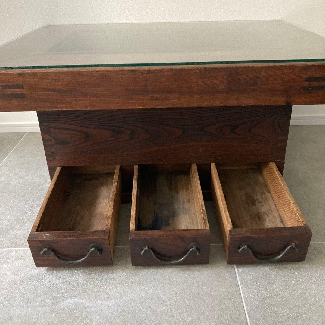 囲炉裏テーブル 時代家具 アンティーク古家具 侘び寂び ガラス 引き出し付