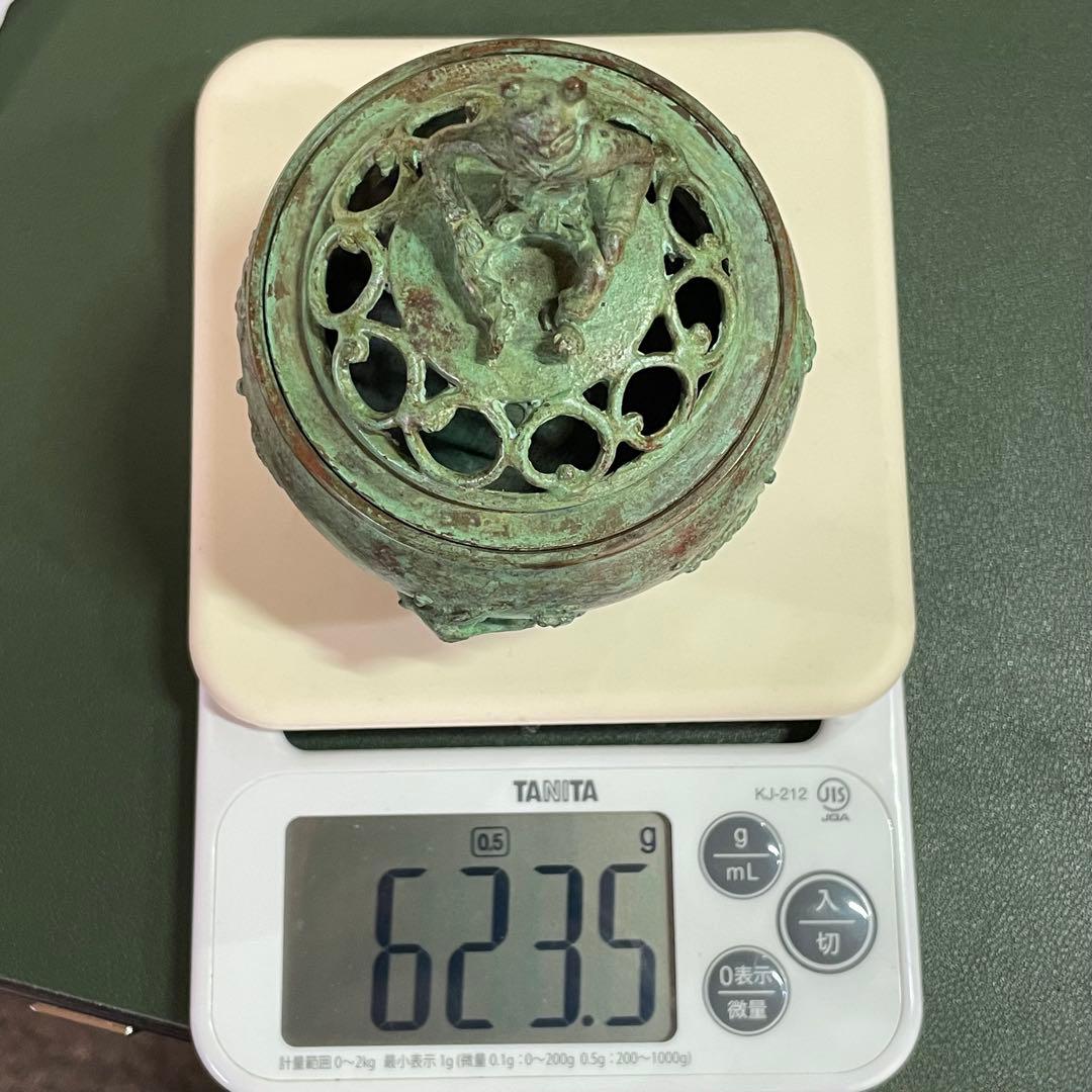 高岡銅器 須賀七郎作 月芳 蝋型鋳銅 香炉 唐子蓋梅文 共箱 証書 栞